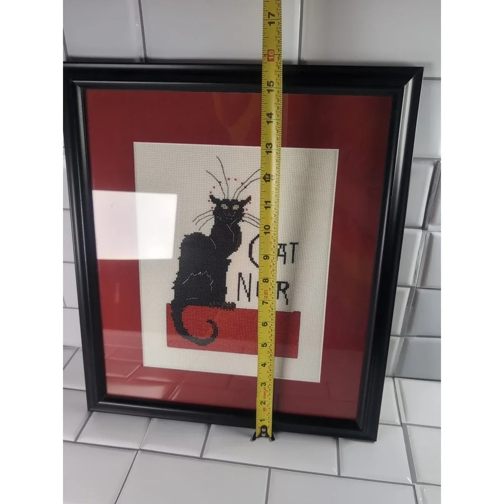 Mod Vintage Le Chat Noir Black Cat Framed/Matted Needlepoint Wall Art Handmade